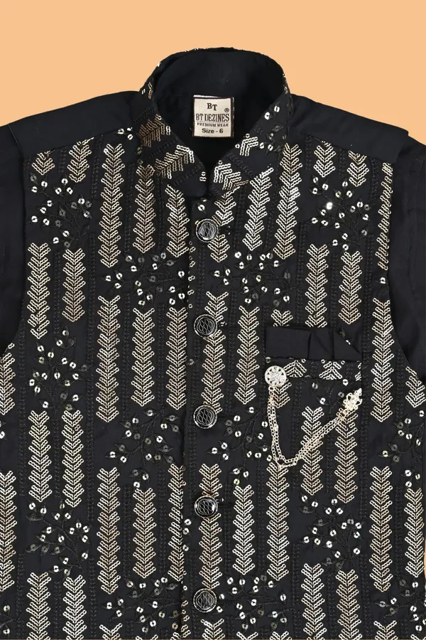 Black_Pure_Cotton_Kurta,_Waistcoat_And_Pyjama_Set_Embellished_For_Boys