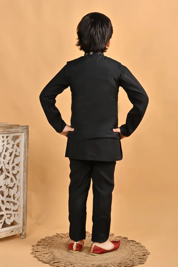 Black_Pure_Cotton_Kurta,_Waistcoat_And_Pyjama_Set_Embellished_For_Boys