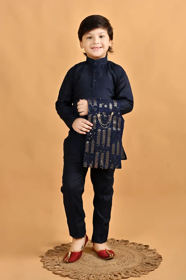 Navy_Blue_Pure_Cotton_Kurta,_Waistcoat_And_Pyjama_Set_Embellished_For_Boys