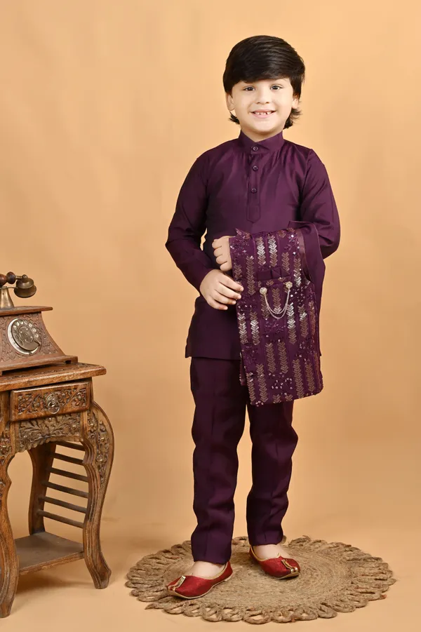 Burgundy_Pure_Cotton_Kurta,_Waistcoat_And_Pyjama_Set_Embellished_For_Boys