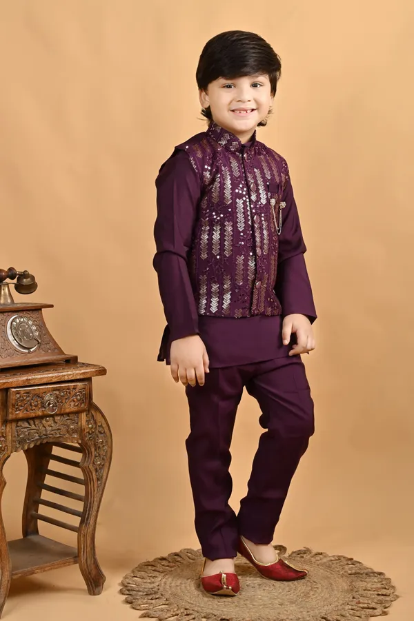 Burgundy_Pure_Cotton_Kurta,_Waistcoat_And_Pyjama_Set_Embellished_For_Boys