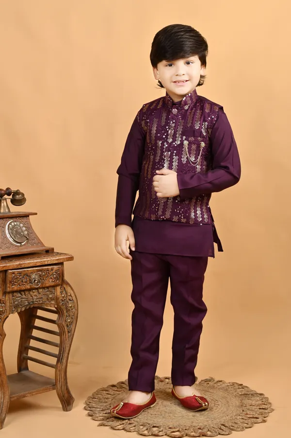 Burgundy_Pure_Cotton_Kurta,_Waistcoat_And_Pyjama_Set_Embellished_For_Boys
