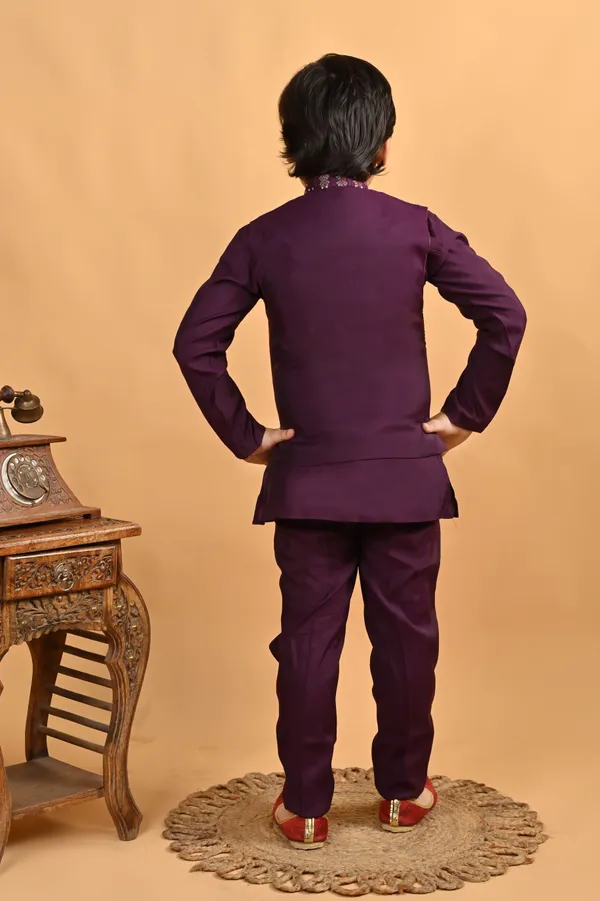 Burgundy_Pure_Cotton_Kurta,_Waistcoat_And_Pyjama_Set_Embellished_For_Boys