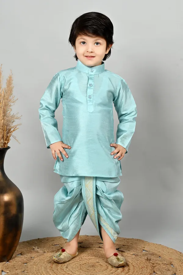 Sky_Blue_Cotton_Blend_Kurta,_Waistcoat_And_Dhoti_Pant_Set_Self_Design_For_Boys