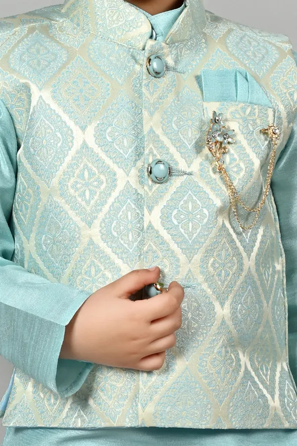 Sky_Blue_Cotton_Blend_Kurta,_Waistcoat_And_Dhoti_Pant_Set_Self_Design_For_Boys