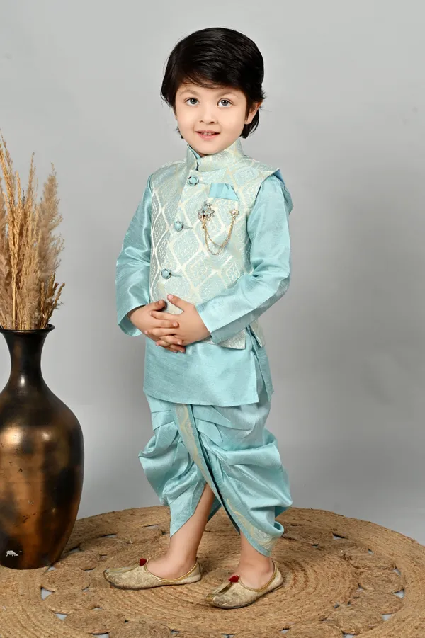 Sky_Blue_Cotton_Blend_Kurta,_Waistcoat_And_Dhoti_Pant_Set_Self_Design_For_Boys