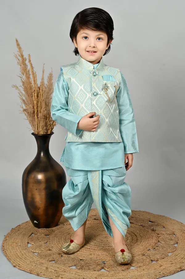 Sky_Blue_Cotton_Blend_Kurta,_Waistcoat_And_Dhoti_Pant_Set_Self_Design_For_Boys