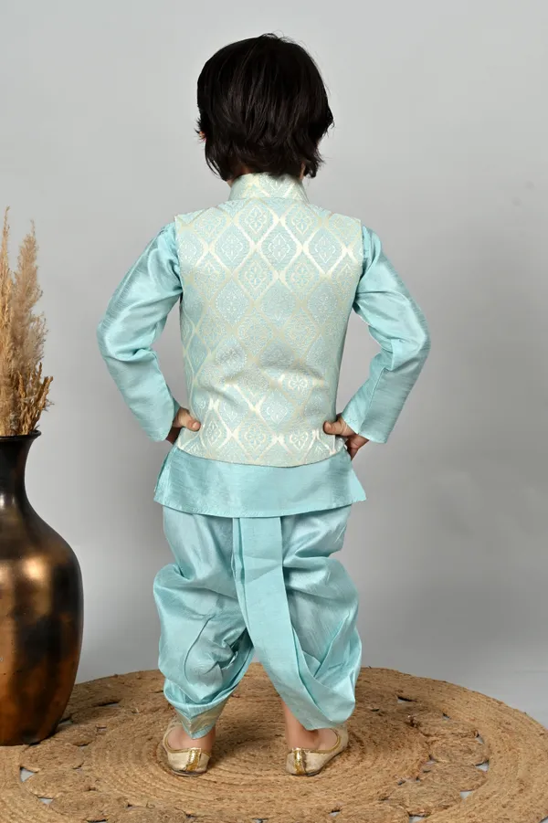 Sky_Blue_Cotton_Blend_Kurta,_Waistcoat_And_Dhoti_Pant_Set_Self_Design_For_Boys
