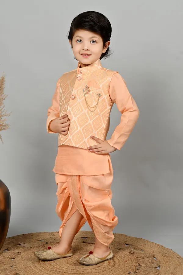 Peach_Cotton_Blend_Kurta,_Waistcoat_And_Dhoti_Pant_Set_Ethnic_Motifs_For_Boys