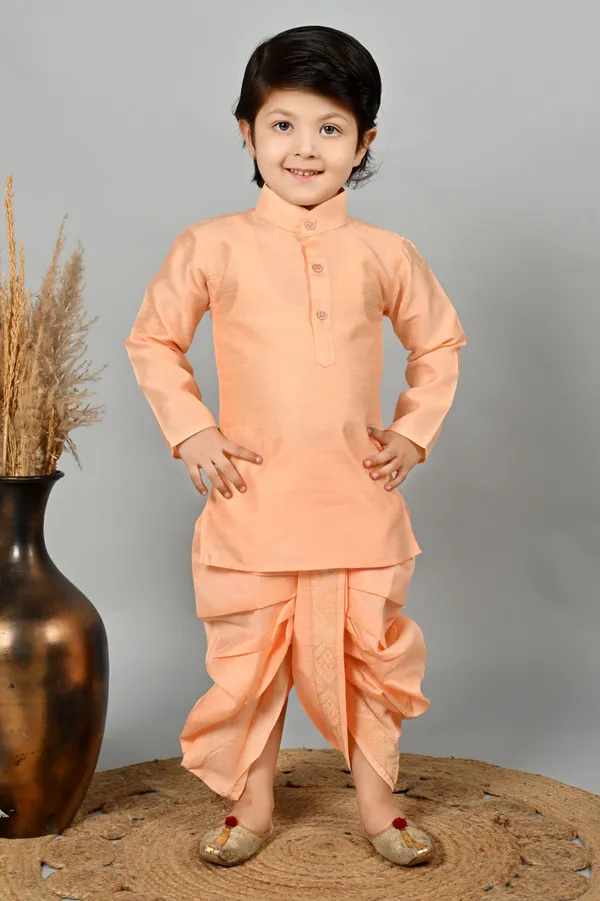 Peach_Cotton_Blend_Kurta,_Waistcoat_And_Dhoti_Pant_Set_Ethnic_Motifs_For_Boys