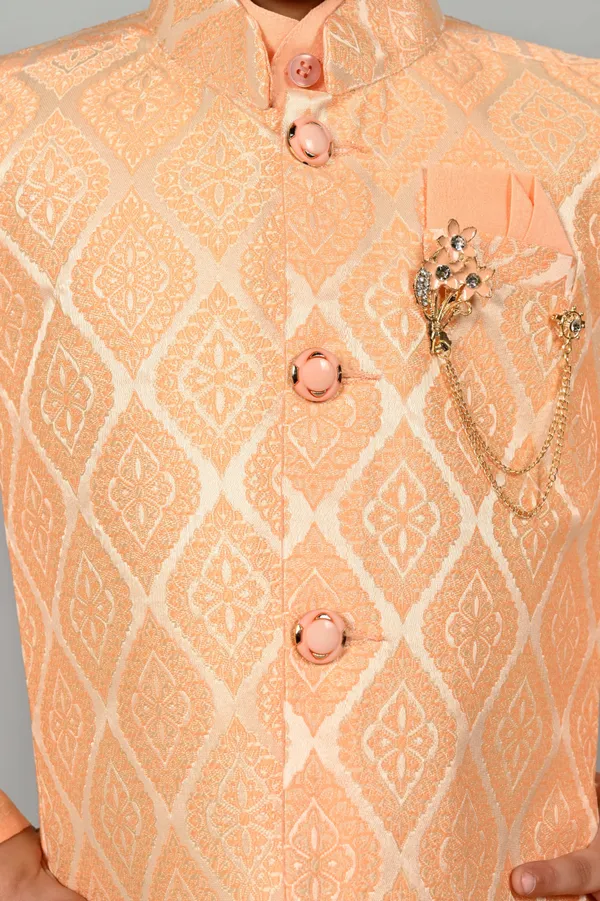 Peach_Cotton_Blend_Kurta,_Waistcoat_And_Dhoti_Pant_Set_Ethnic_Motifs_For_Boys