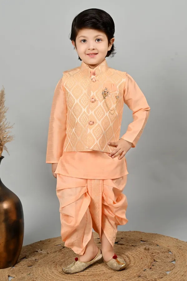 Peach_Cotton_Blend_Kurta,_Waistcoat_And_Dhoti_Pant_Set_Ethnic_Motifs_For_Boys