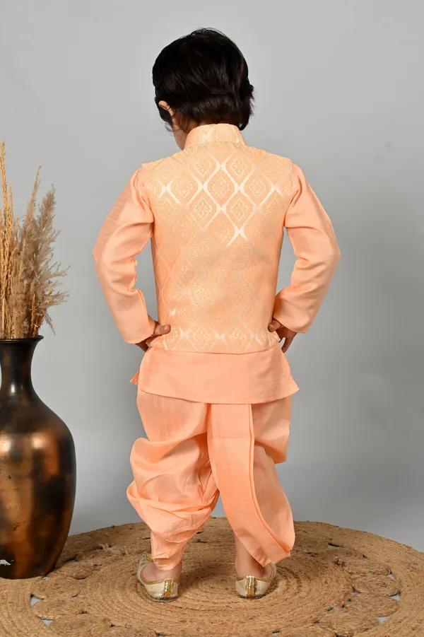 Peach_Cotton_Blend_Kurta,_Waistcoat_And_Dhoti_Pant_Set_Ethnic_Motifs_For_Boys