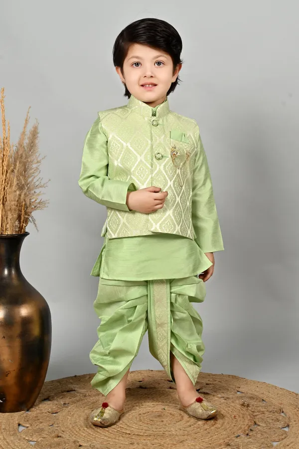 Pista_Cotton_Blend_Kurta,_Waistcoat_And_Dhoti_Pant_Set_Ethnic_Motifs_For_Boys