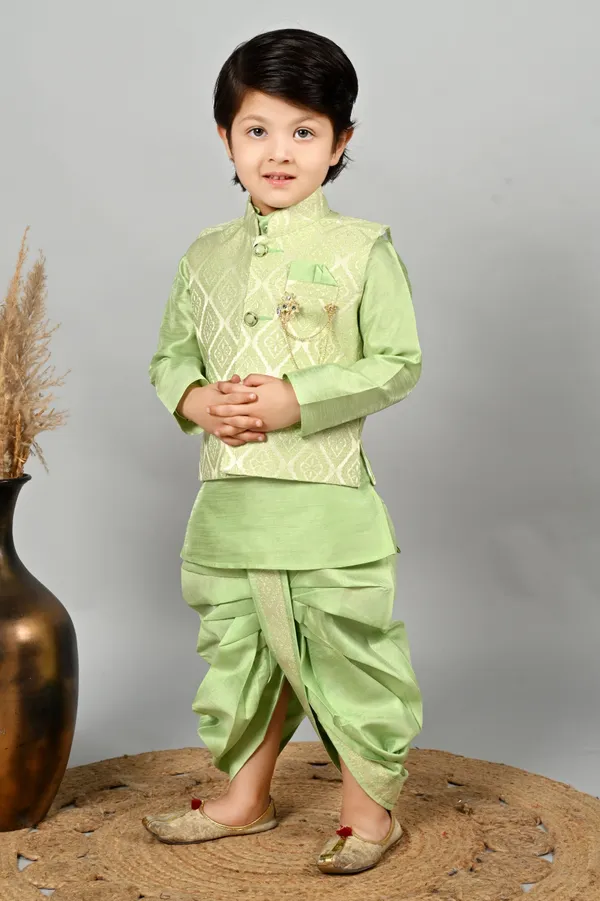 Pista_Cotton_Blend_Kurta,_Waistcoat_And_Dhoti_Pant_Set_Ethnic_Motifs_For_Boys
