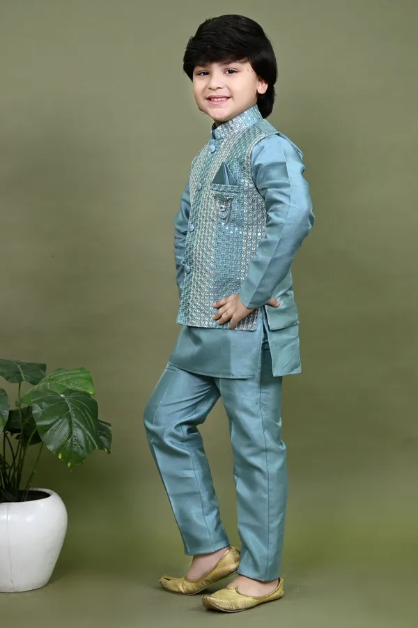 Teal_Blue_Cotton_Silk_Kurta,_Waistcoat_And_Pyjama_Set_Embroidered_For_Boys