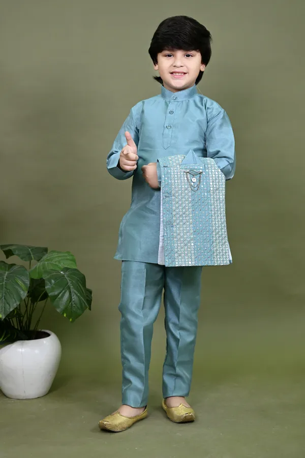 Teal_Blue_Cotton_Silk_Kurta,_Waistcoat_And_Pyjama_Set_Embroidered_For_Boys
