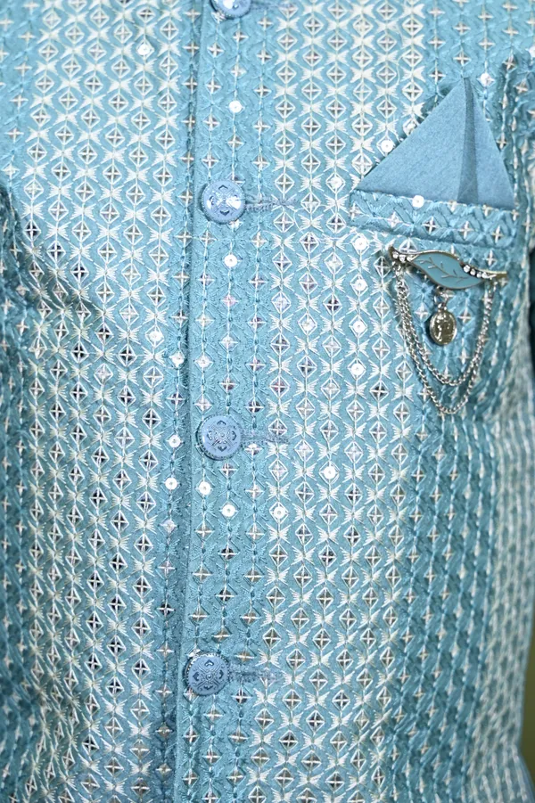 Teal_Blue_Cotton_Silk_Kurta,_Waistcoat_And_Pyjama_Set_Embroidered_For_Boys