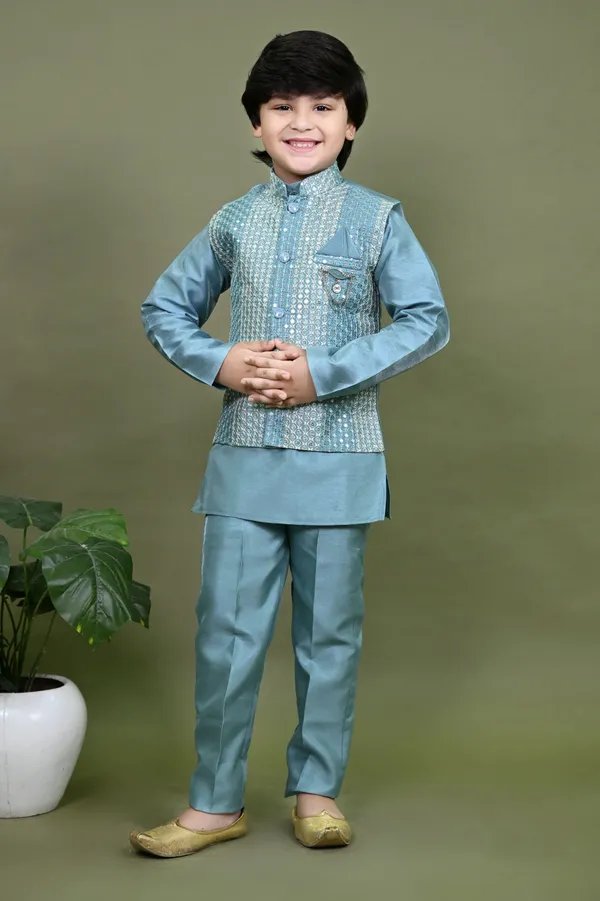 Teal_Blue_Cotton_Silk_Kurta,_Waistcoat_And_Pyjama_Set_Embroidered_For_Boys