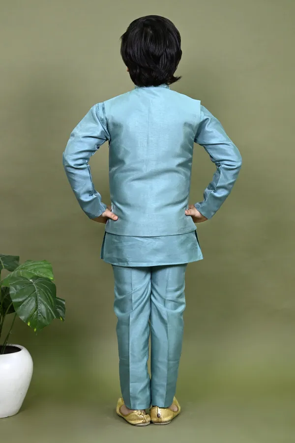 Teal_Blue_Cotton_Silk_Kurta,_Waistcoat_And_Pyjama_Set_Embroidered_For_Boys