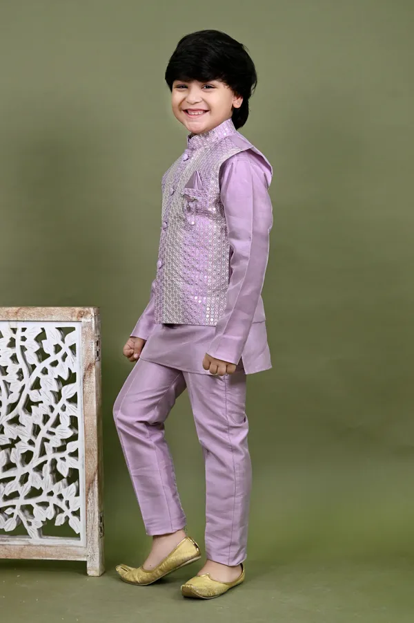 Lavender_Cotton_Silk_Kurta,_Waistcoat_And_Pyjama_Set_Embellished_|Embroidered_For_Boys