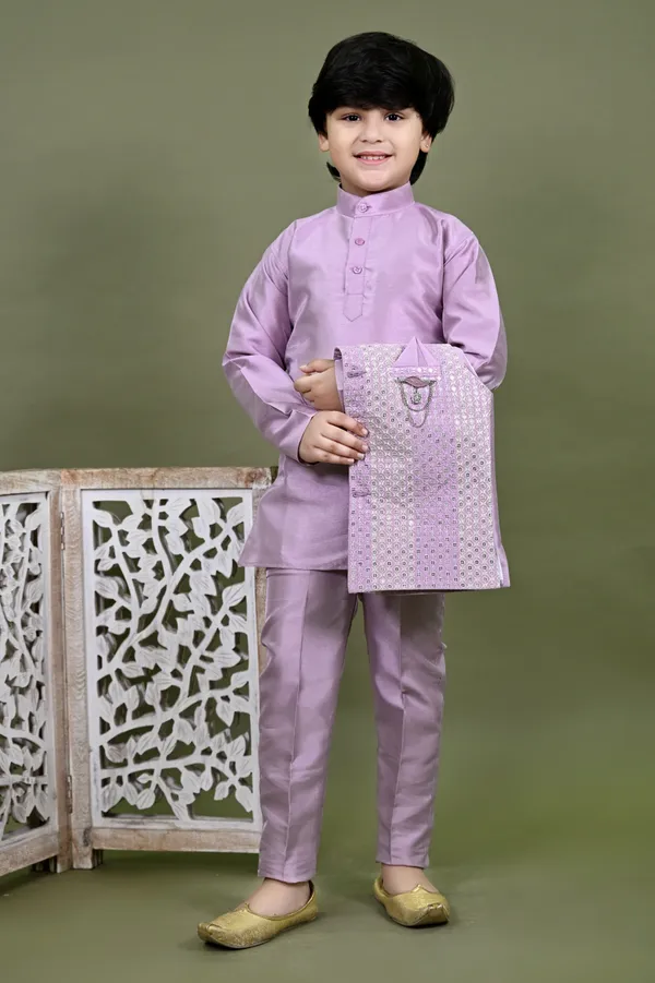 Lavender_Cotton_Silk_Kurta,_Waistcoat_And_Pyjama_Set_Embellished_|Embroidered_For_Boys