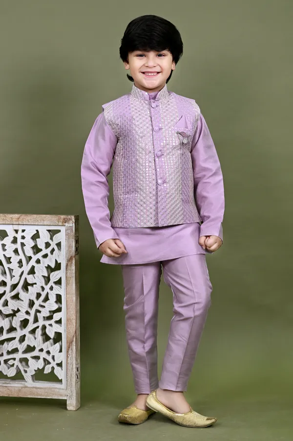 Lavender_Cotton_Silk_Kurta,_Waistcoat_And_Pyjama_Set_Embellished_|Embroidered_For_Boys
