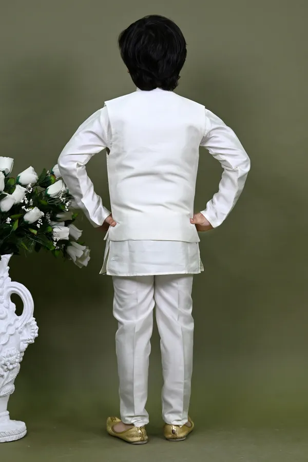 White_Cotton_Silk_Kurta,_Waistcoat_And_Pyjama_Set_Embellished_|Embroidered_For_Boys