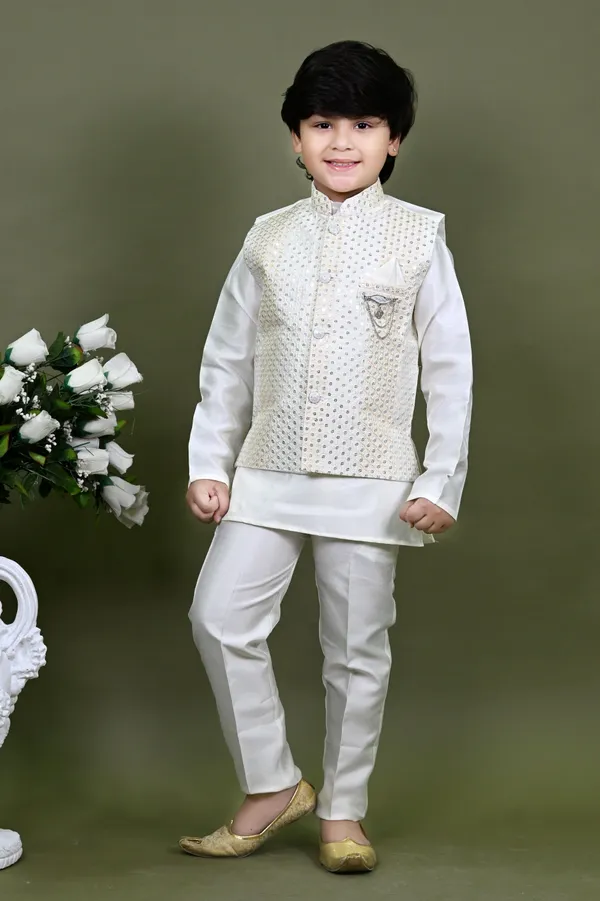 White_Cotton_Silk_Kurta,_Waistcoat_And_Pyjama_Set_Embellished_|Embroidered_For_Boys
