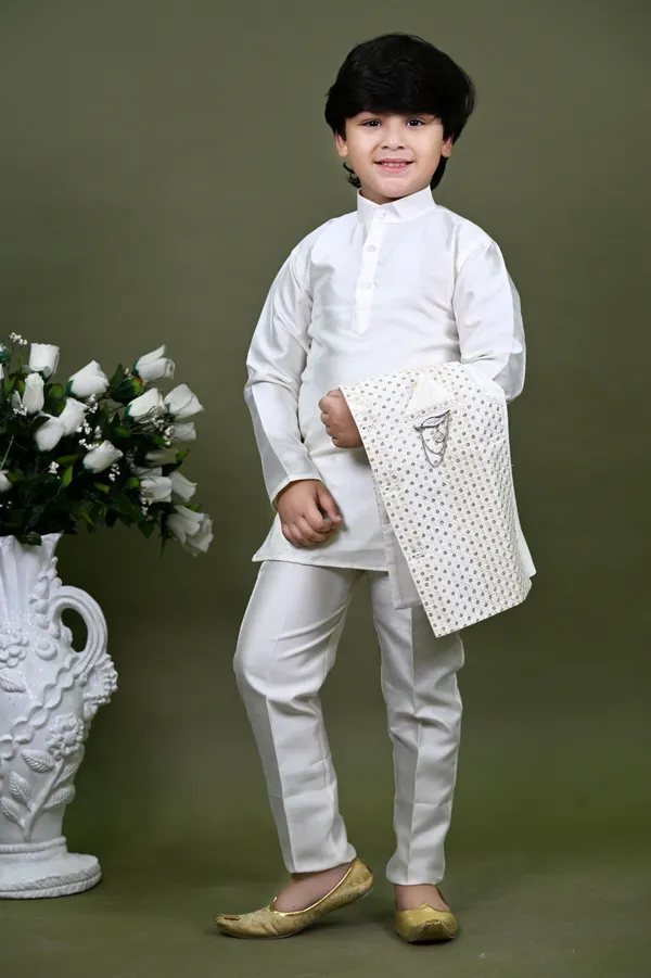 White_Cotton_Silk_Kurta,_Waistcoat_And_Pyjama_Set_Embellished_|Embroidered_For_Boys