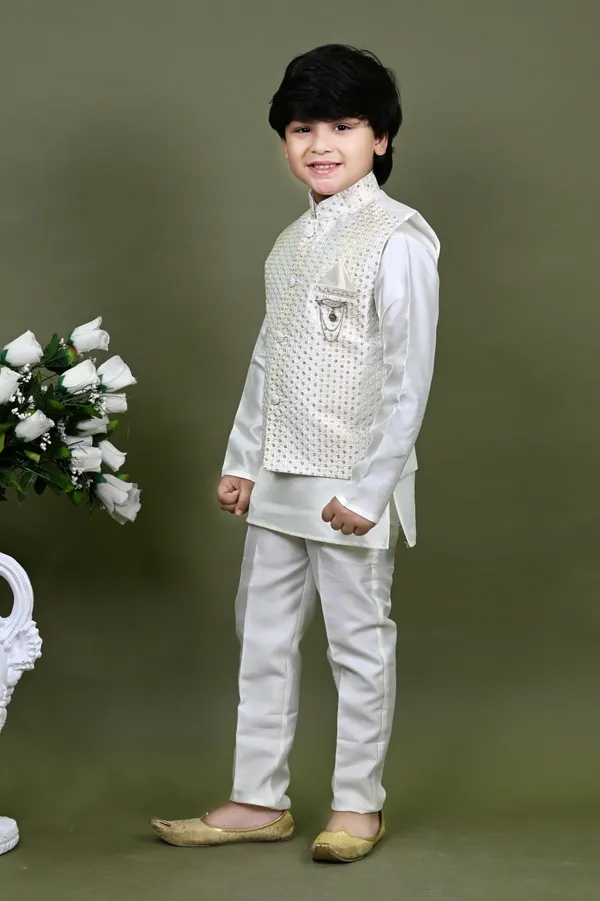 White_Cotton_Silk_Kurta,_Waistcoat_And_Pyjama_Set_Embellished_|Embroidered_For_Boys