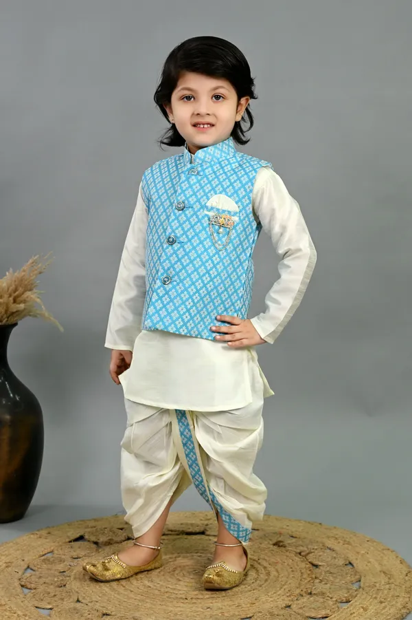 Sky_Blue_&_White_Cotton_Silk_Kurta,_Waistcoat_And_Dhoti_Pant_Set_Printed_For_Boys