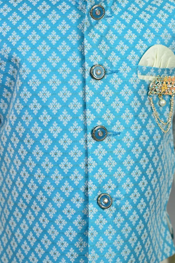 Sky_Blue_&_White_Cotton_Silk_Kurta,_Waistcoat_And_Dhoti_Pant_Set_Printed_For_Boys