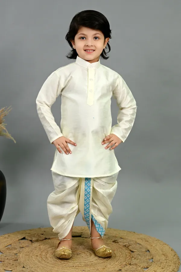Sky_Blue_&_White_Cotton_Silk_Kurta,_Waistcoat_And_Dhoti_Pant_Set_Printed_For_Boys