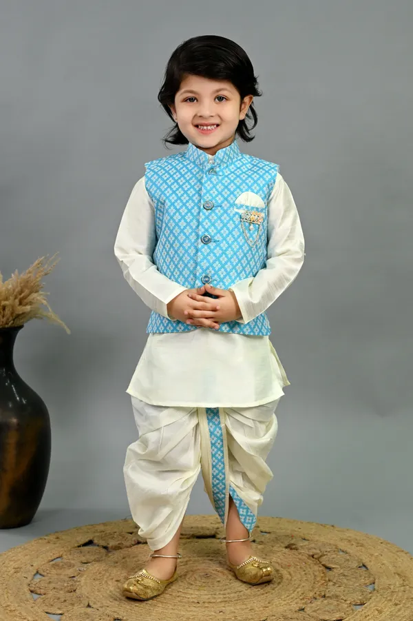 Sky_Blue_&_White_Cotton_Silk_Kurta,_Waistcoat_And_Dhoti_Pant_Set_Printed_For_Boys