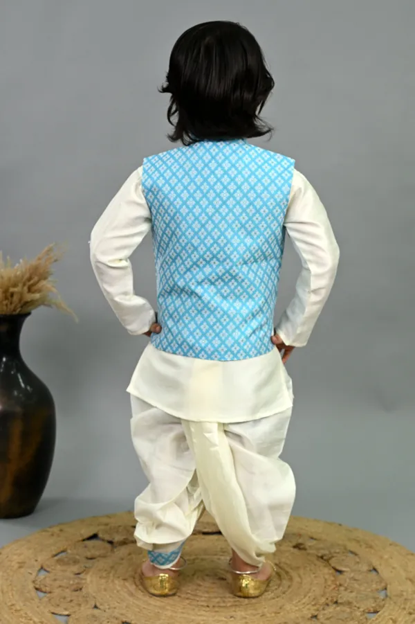 Sky_Blue_&_White_Cotton_Silk_Kurta,_Waistcoat_And_Dhoti_Pant_Set_Printed_For_Boys