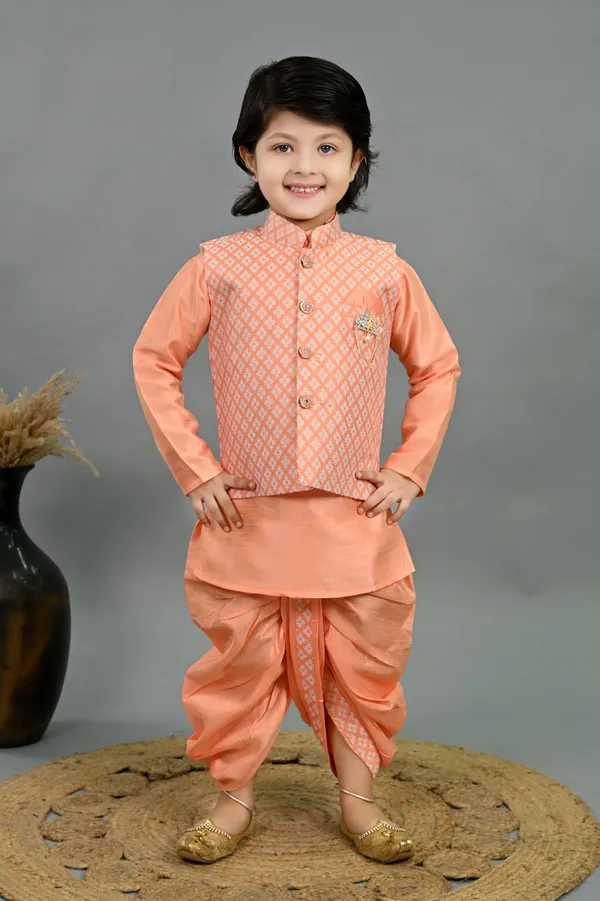 Peach_Cotton_Silk_Kurta,_Waistcoat_And_Dhoti_Pant_Set_Printed_For_Boys