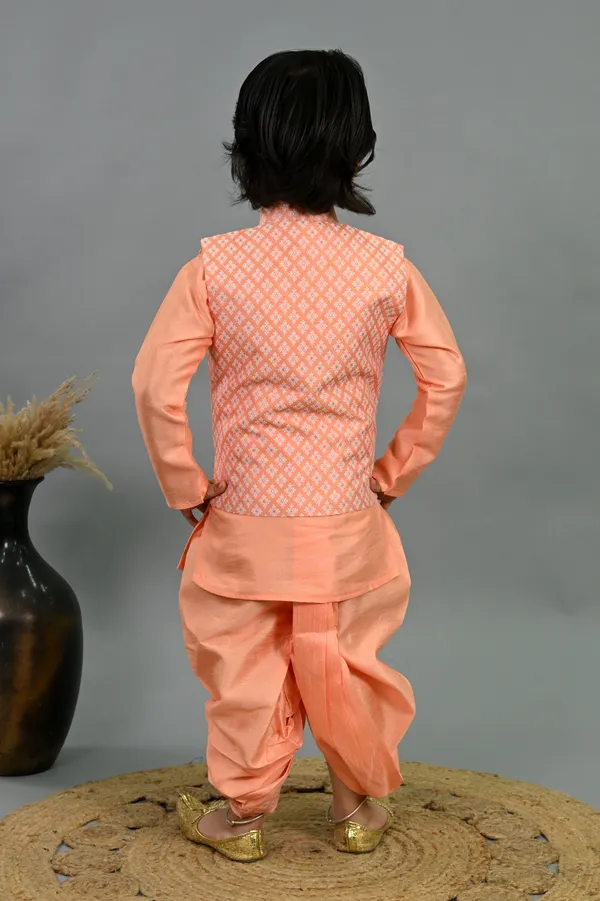 Peach_Cotton_Silk_Kurta,_Waistcoat_And_Dhoti_Pant_Set_Printed_For_Boys