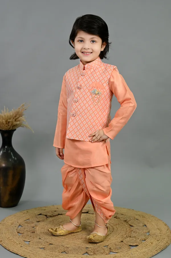 Peach_Cotton_Silk_Kurta,_Waistcoat_And_Dhoti_Pant_Set_Printed_For_Boys