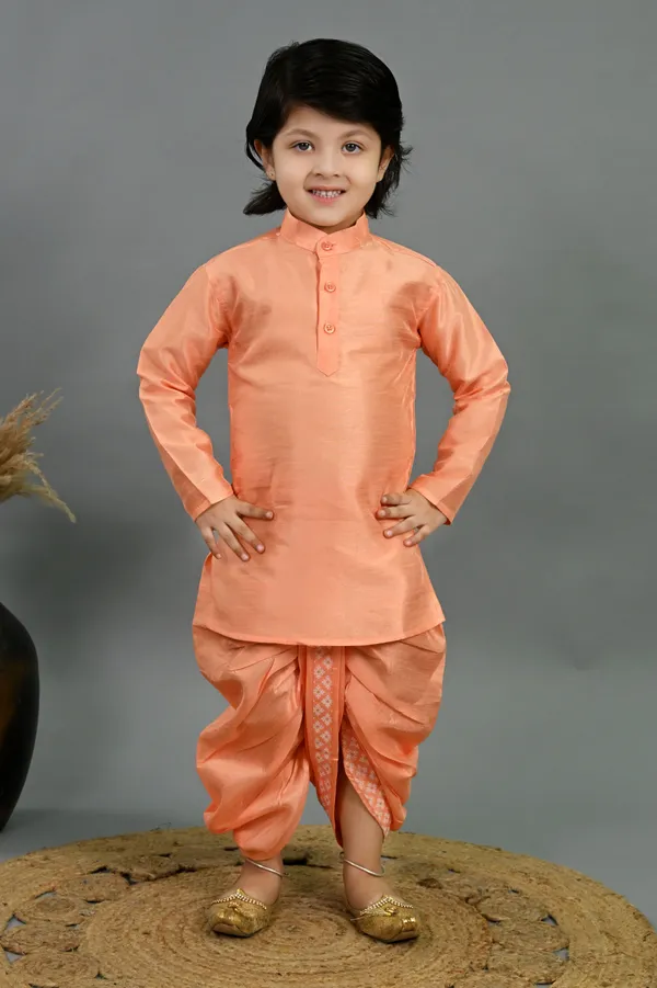 Peach_Cotton_Silk_Kurta,_Waistcoat_And_Dhoti_Pant_Set_Printed_For_Boys