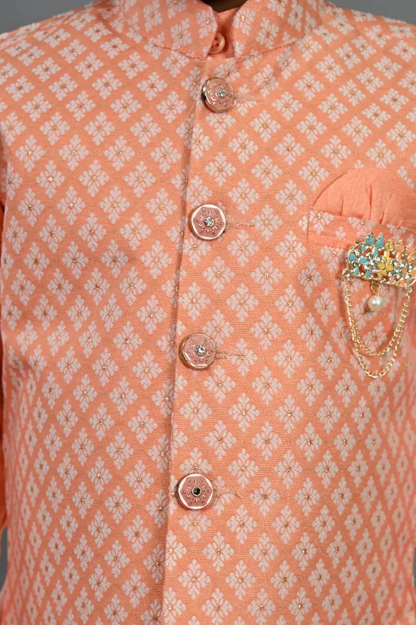 Peach_Cotton_Silk_Kurta,_Waistcoat_And_Dhoti_Pant_Set_Printed_For_Boys