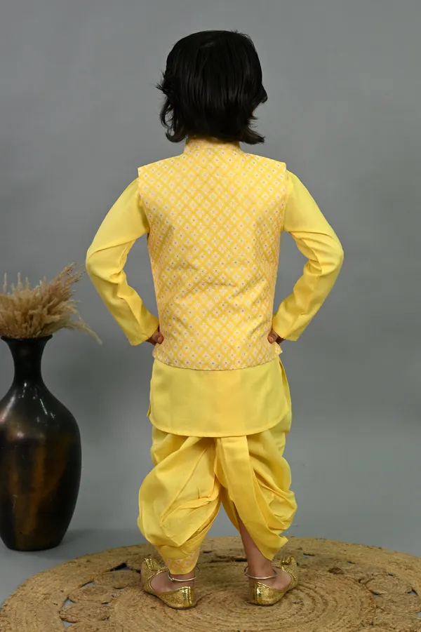 Yellow_Cotton_Silk_Kurta,_Waistcoat_And_Dhoti_Pant_Set_Printed_For_Boys