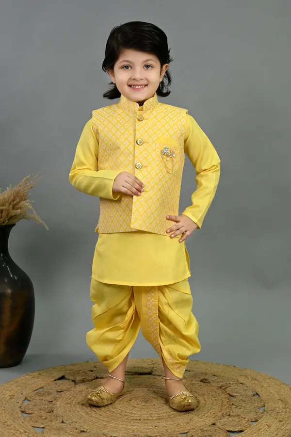Yellow_Cotton_Silk_Kurta,_Waistcoat_And_Dhoti_Pant_Set_Printed_For_Boys