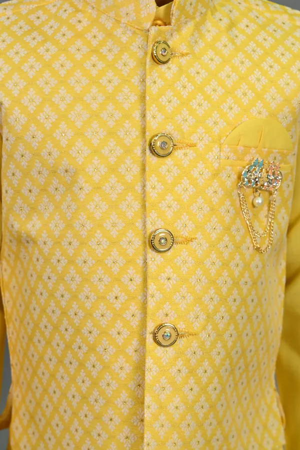 Yellow_Cotton_Silk_Kurta,_Waistcoat_And_Dhoti_Pant_Set_Printed_For_Boys