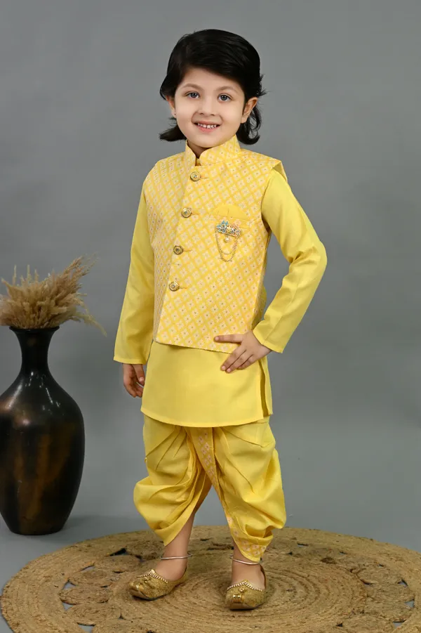 Yellow_Cotton_Silk_Kurta,_Waistcoat_And_Dhoti_Pant_Set_Printed_For_Boys