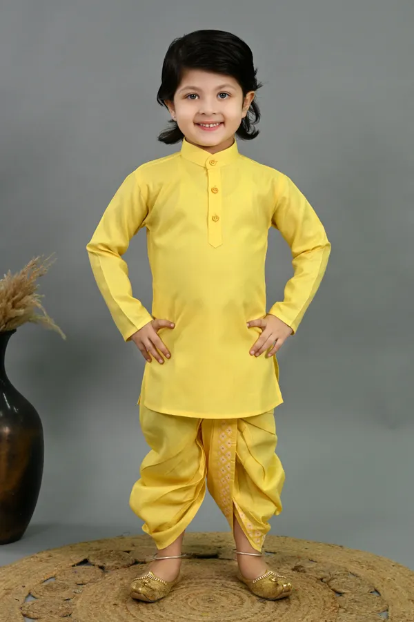 Yellow_Cotton_Silk_Kurta,_Waistcoat_And_Dhoti_Pant_Set_Printed_For_Boys