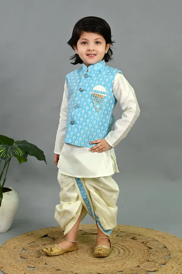 Sky_Blue_&_White_Cotton_Silk_Kurta,_Waistcoat_And_Dhoti_Pant_Set_Embroidered_For_Boys