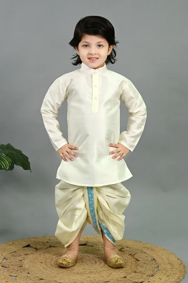 Sky_Blue_&_White_Cotton_Silk_Kurta,_Waistcoat_And_Dhoti_Pant_Set_Embroidered_For_Boys