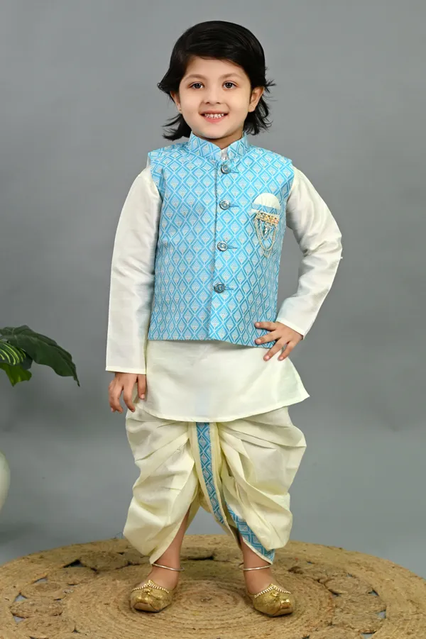 Sky_Blue_&_White_Cotton_Silk_Kurta,_Waistcoat_And_Dhoti_Pant_Set_Embroidered_For_Boys