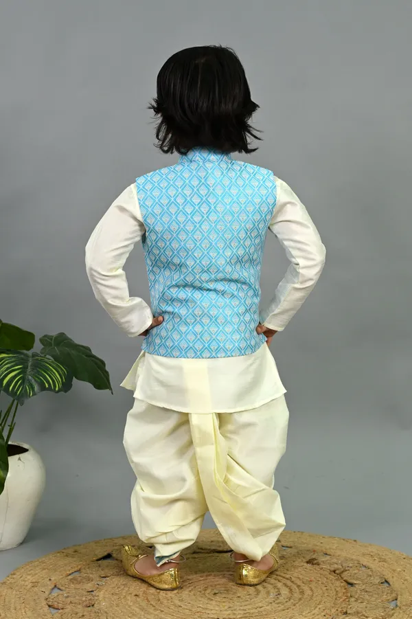 Sky_Blue_&_White_Cotton_Silk_Kurta,_Waistcoat_And_Dhoti_Pant_Set_Embroidered_For_Boys